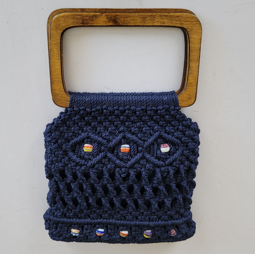 Vintage Handmade Knitted Crochet Beaded Handbag With Wood Handles